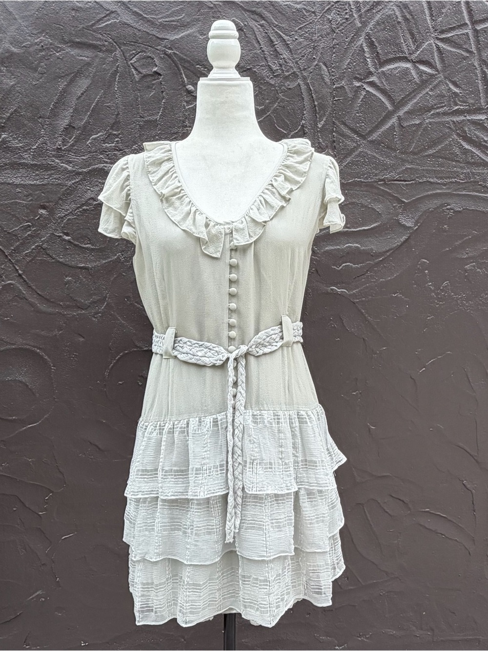 Gray 100% Silk Tiered Ruffle Fairycore Ethereal Dress Womens Size 6 Drop Waist